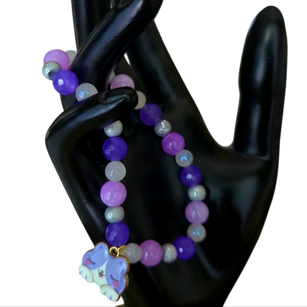 Cat Charm Bracelet Purple Stretchy w/Agate & Glass Beads NWOT